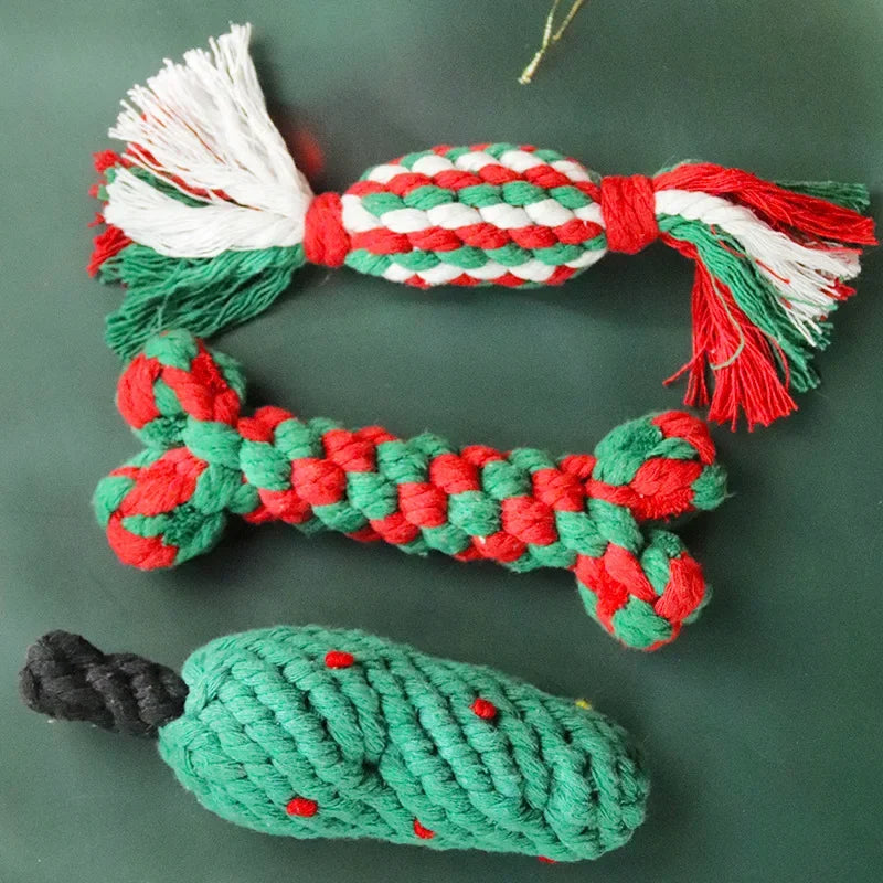 Christmas Dog Toys | Braided Cotton Rope Candy Bones | Pet Chew Toy for Small & Large Dogs | Bite-Resistant Molar Teeth Cleaning Toy