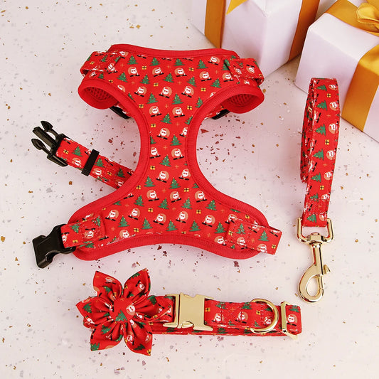 Christmas Dog Harness, Collar & Leash Set | 3-Piece Gift Set for Dogs | Chihuahua, Pug, Small Breeds