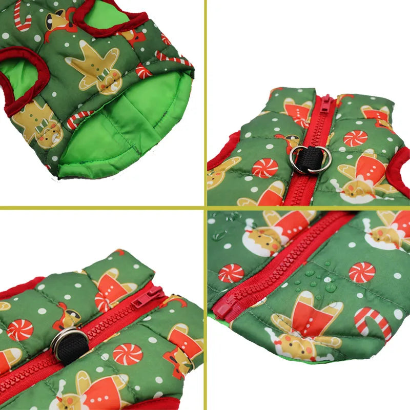 Winter Warm Dog Coat | Christmas Waterproof Puppy Coat | Puffer Vest & Gilet | Christmas Themed Dog Warmer with Built-in Harness Rings