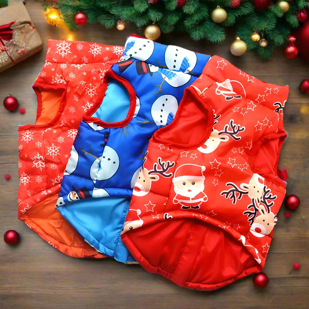 Winter Warm Dog Coat | Christmas Waterproof Puppy Coat | Puffer Vest & Gilet | Christmas Themed Dog Warmer with Built-in Harness Rings