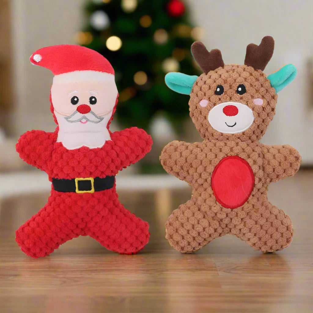 Xmas Pet Dog Plush Chew Toy Set | Christmas Dog Squeaky Toys | Santa | Reindeer | Gingerbread Man | Donut Chew Toys for Dogs