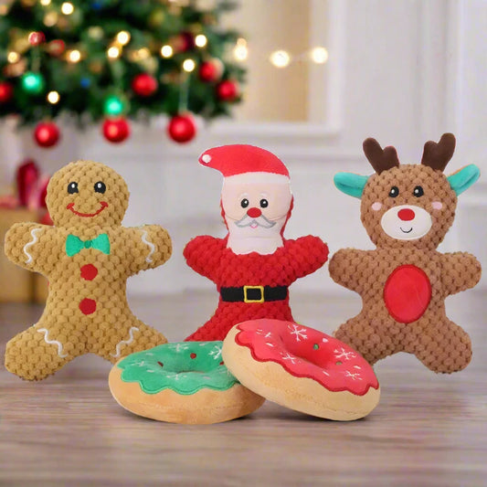 Xmas Pet Dog Plush Chew Toy Set | Christmas Dog Squeaky Toys | Santa | Reindeer | Gingerbread Man | Donut Chew Toys for Dogs