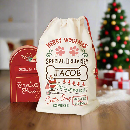 Personalised Merry Woofmas Paw Santa Sack | Pet Dog Xmas Stocking | Christmas Dog Stocking